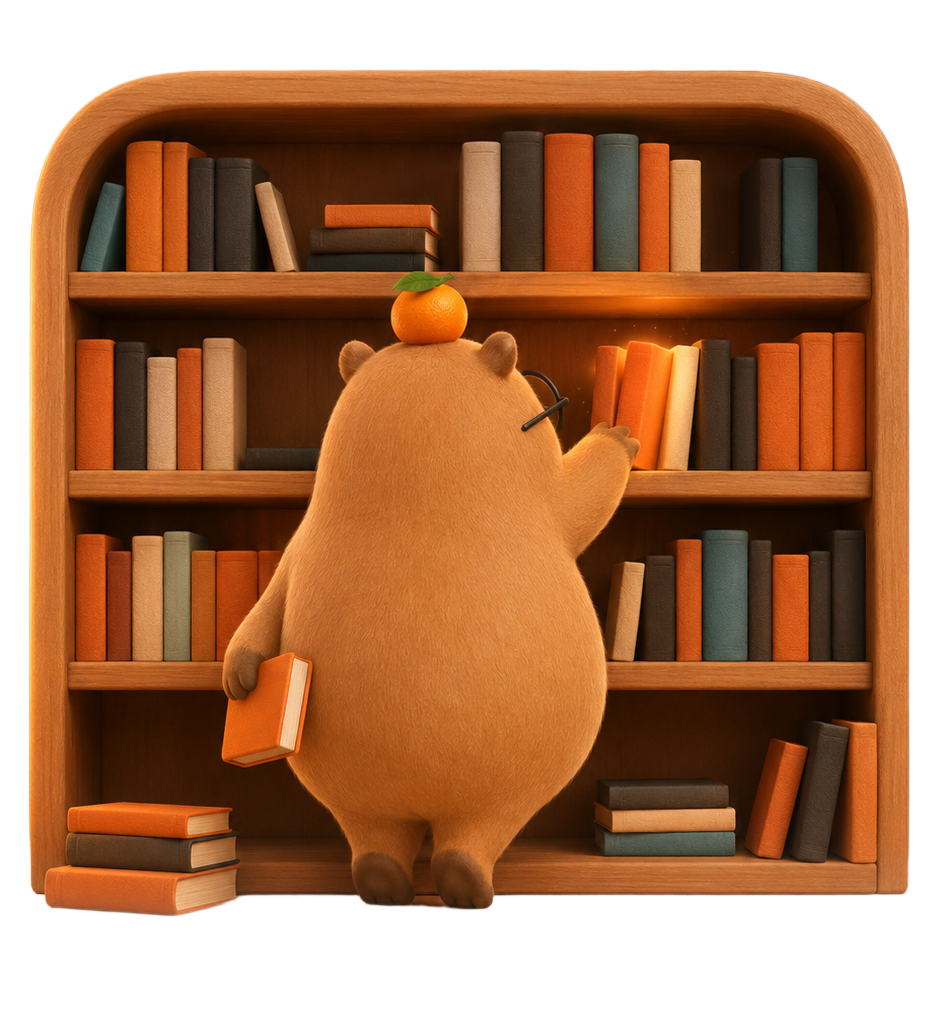 Maskot capybara CeritaNilam memilih buku cerita di rak buku