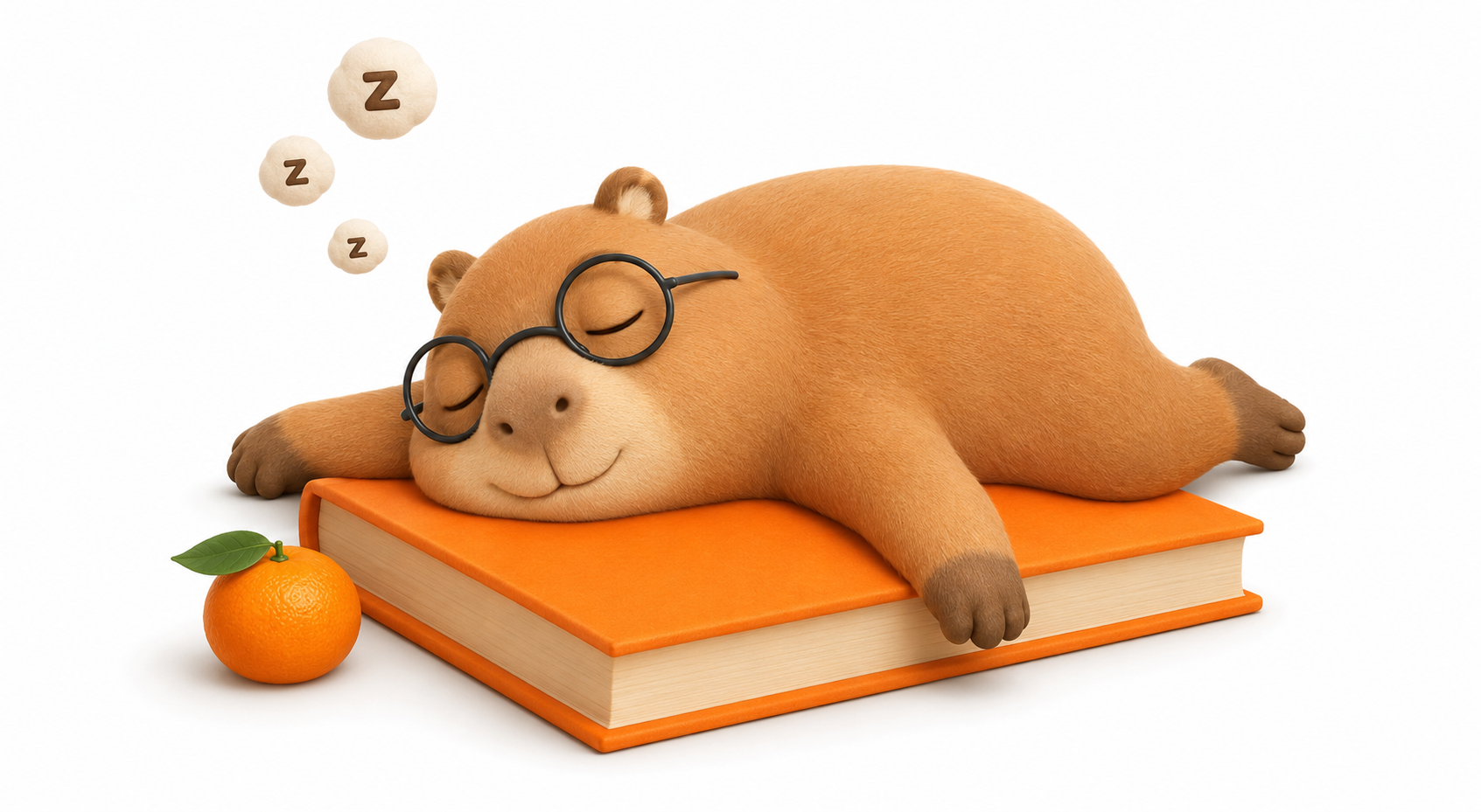Maskot capybara tidur di atas buku