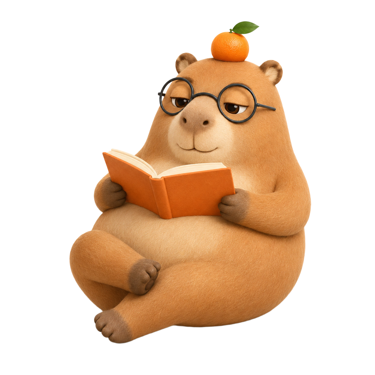 Maskot capybara sedang membaca buku